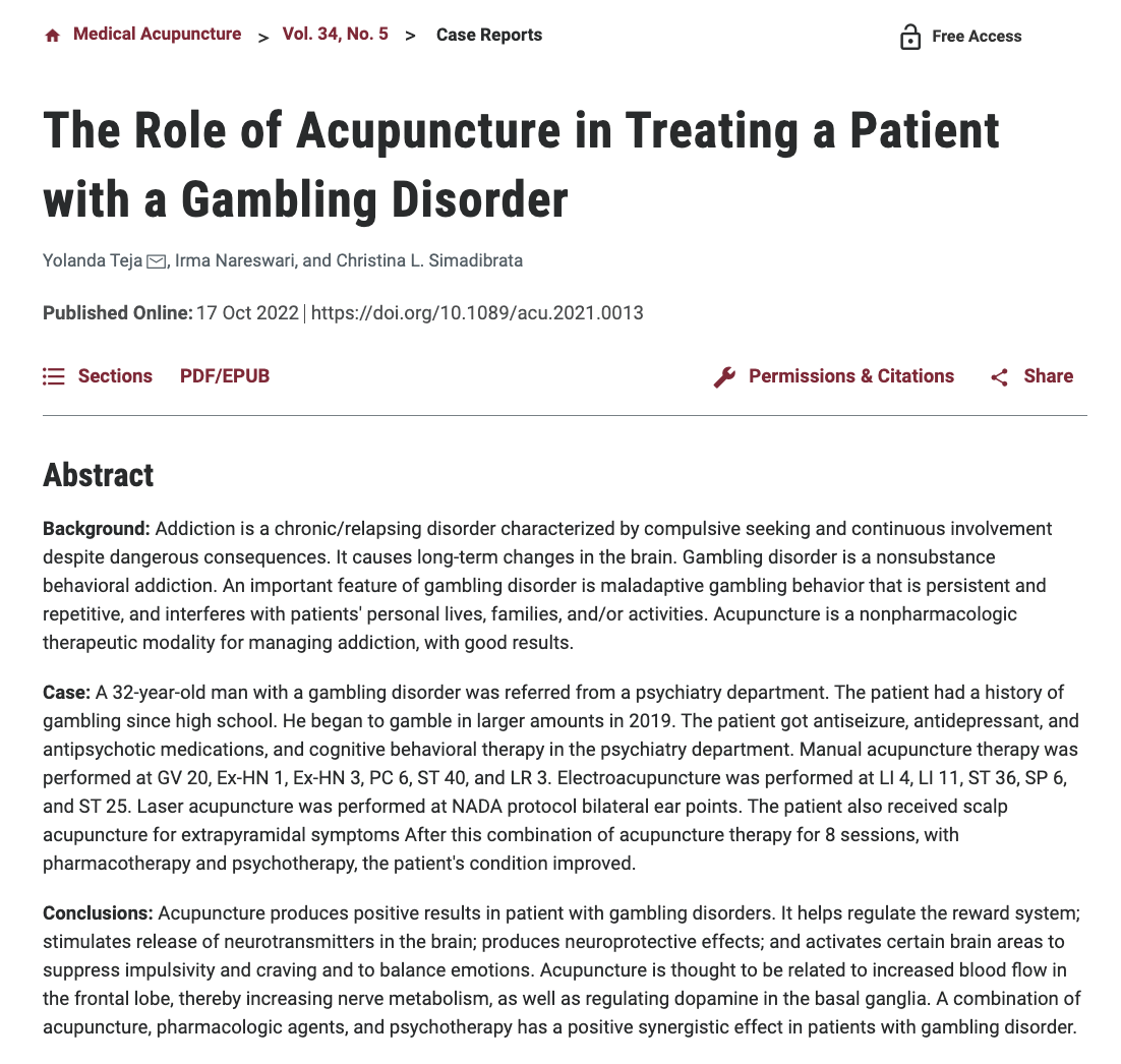 The Role of Acupuncture in Treating a Patient with a Gambling Disorder - 